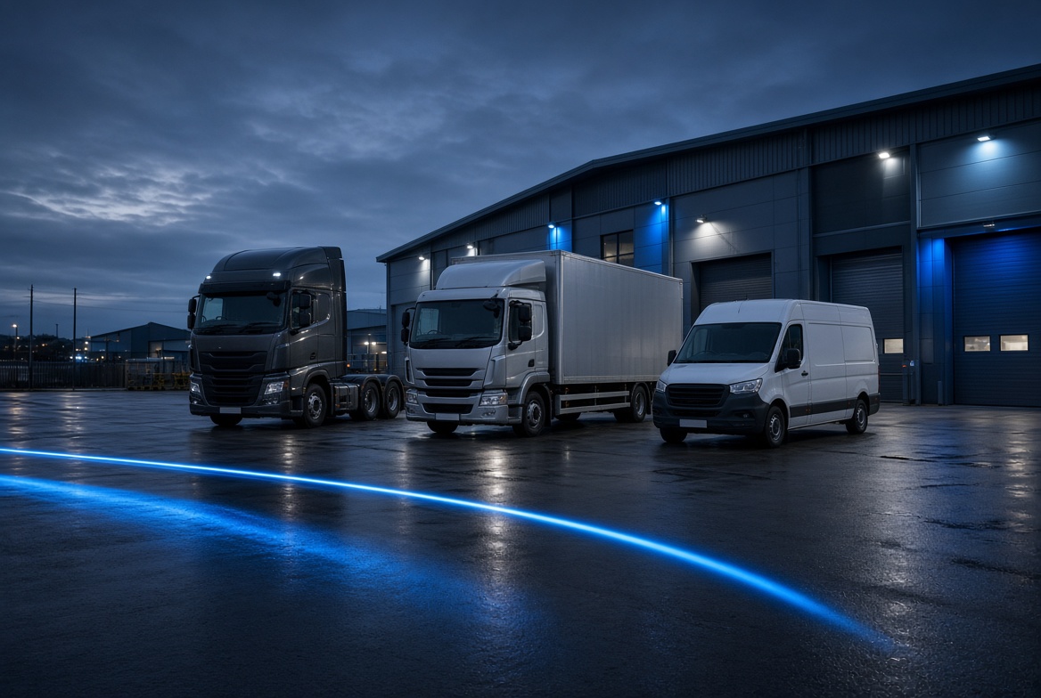 Tractor unit, rigid truck and van outside the workshop