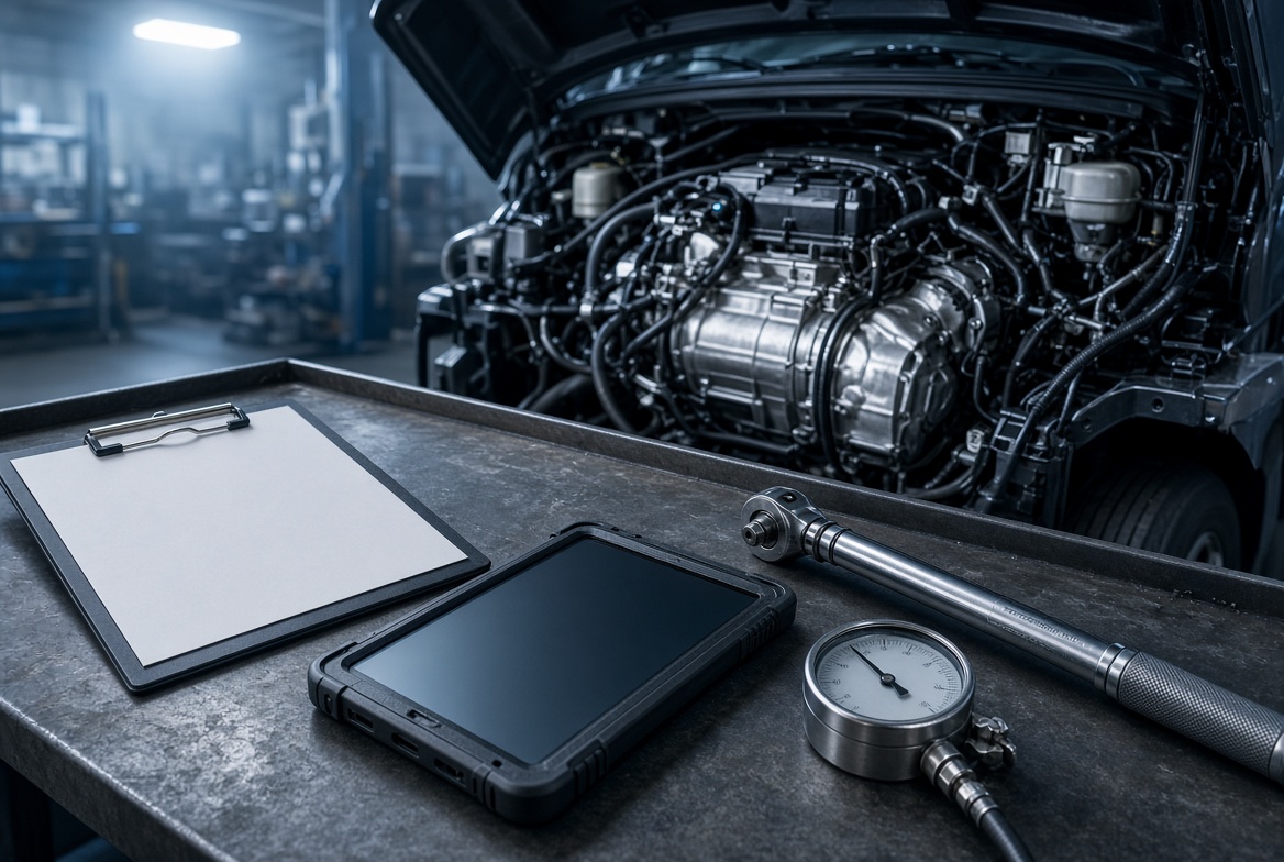 Inspection tools beside an open commercial engine bay