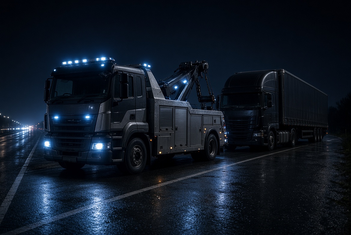 Heavy recovery unit attending an articulated lorry at night